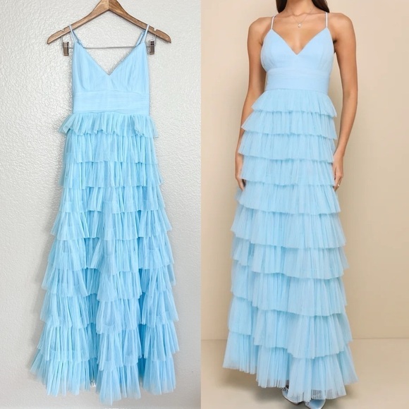 Lulus Dresses & Skirts - NWOT Radiant Event Light Blue Mesh Tiered Pleated Backless Maxi Dress